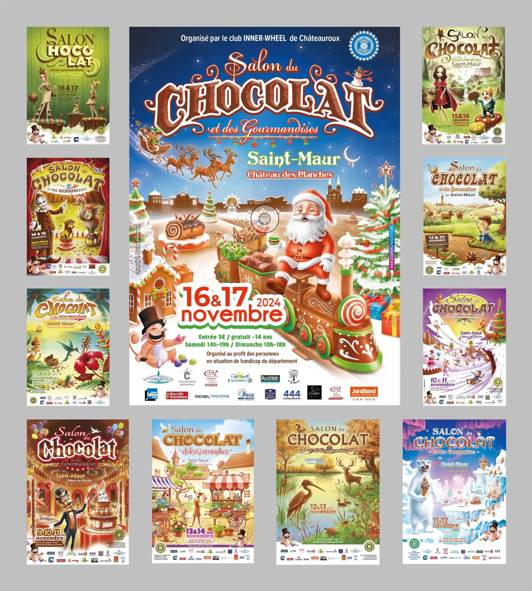 Illustrations des affiches du Salon du Chocolat, de 2013 à 2024, se déroulant à Saint-Maur - 36250