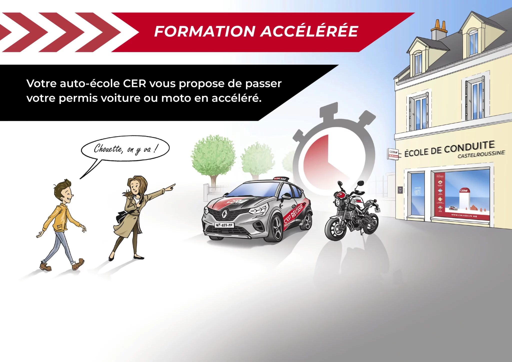 Illustration d'un visuel de communication pour l'auto-école CER Castelroussine &amp; Déoloise, 36000 - 36130