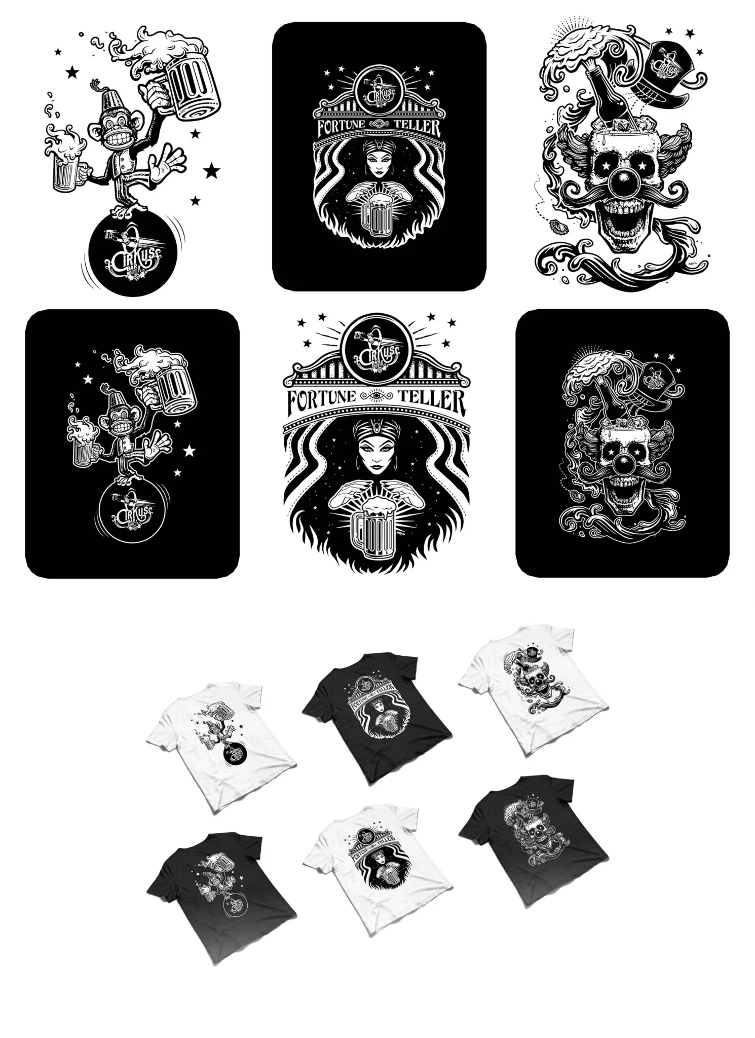 Illustrations réalisées pour des t-shirts du Bar & Boutik’ O'cirkus, Châteauroux (36000)