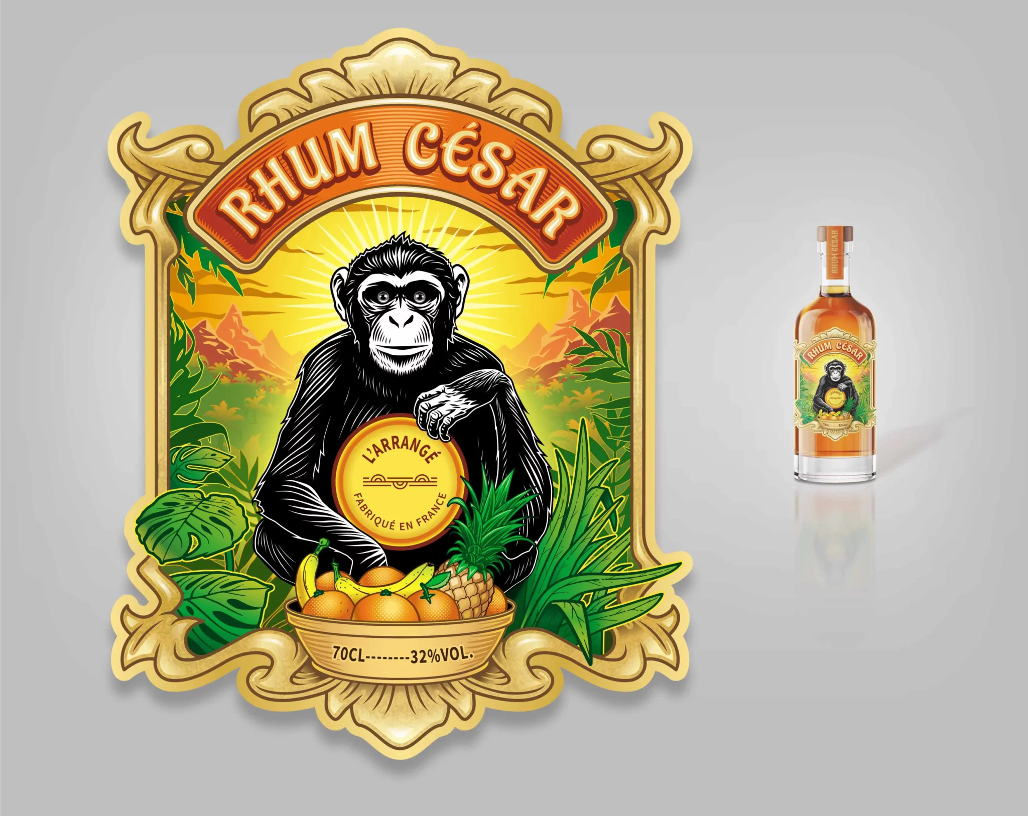 Illustration et graphisme réalisés pour le visuel de l'étiquette d'une bouteille de rhum arrangé.