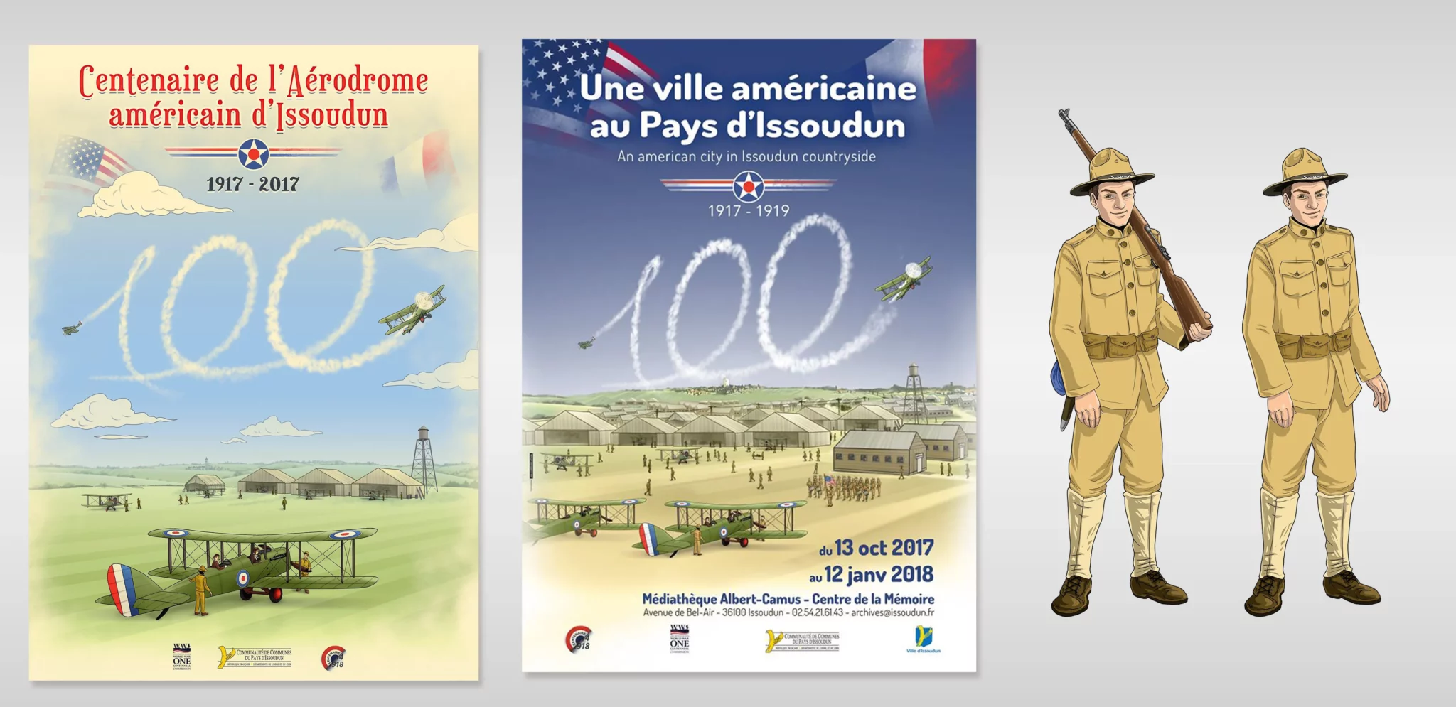 Illustrations réalisées pour le Centenaire de l’aérodrome américain d’Issoudun et l’exposition 'Une ville américaine au Pays d’Issoudun', 36100