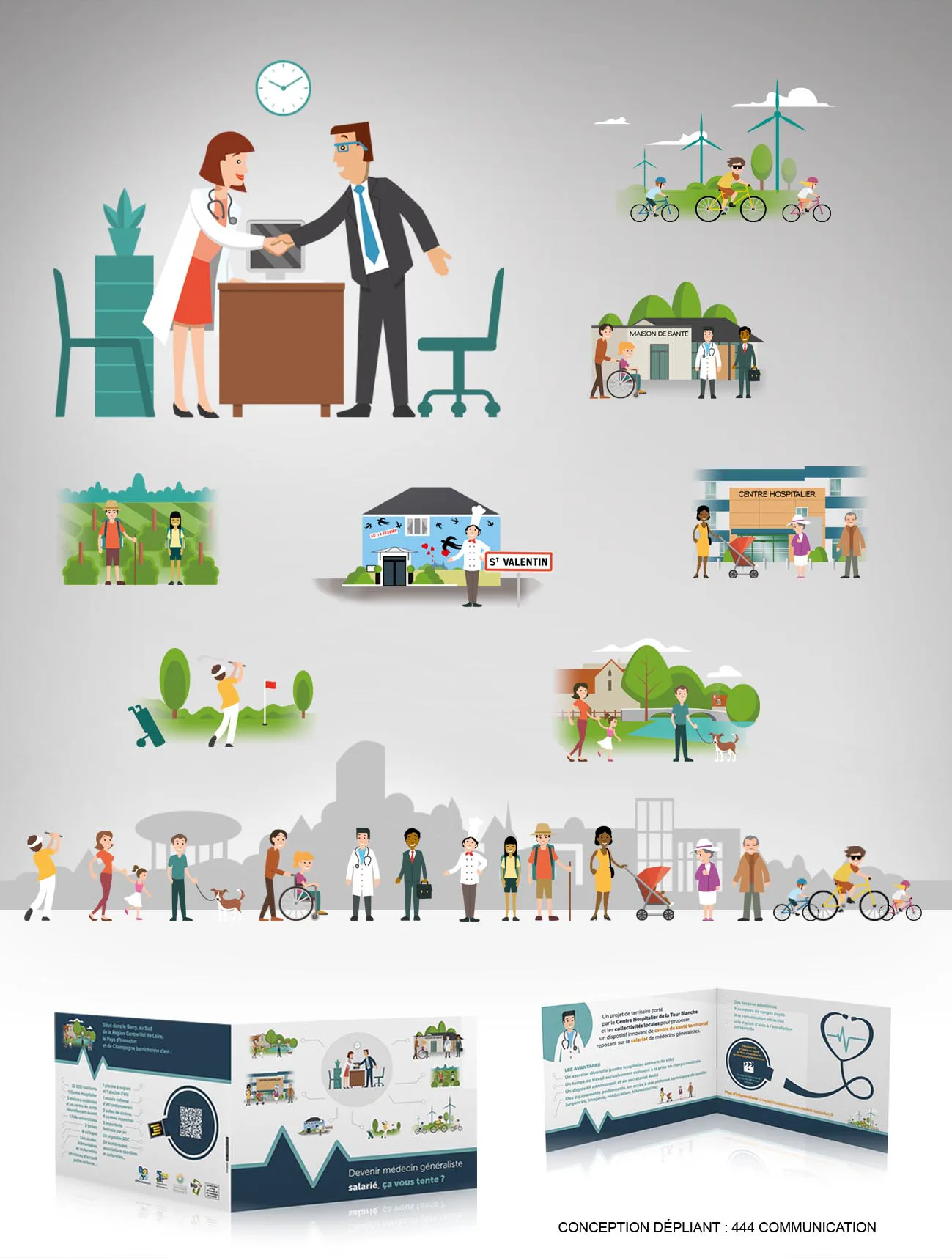 Illustrations réalisées en flat design (design plat) pour un dépliant du pays d'Issoudun - 36100