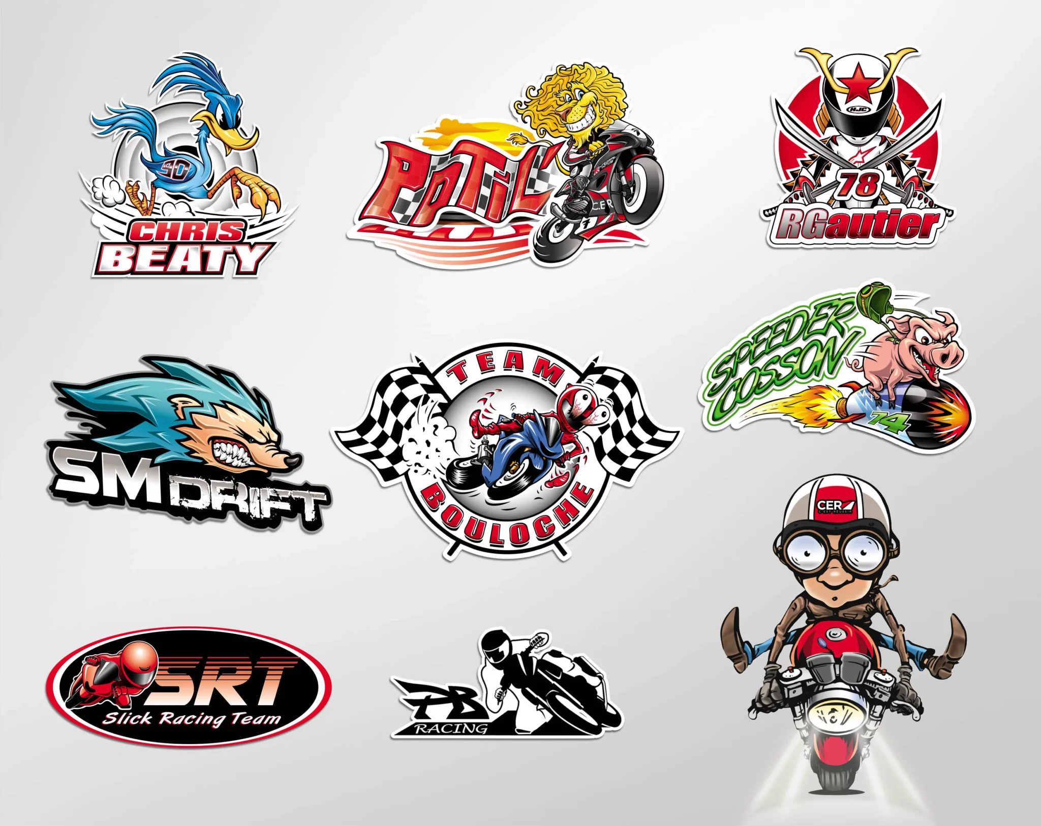 Illustrations de mascottes et logos personnalisés pour des pilotes et entreprises lièes aux sports mécanique.