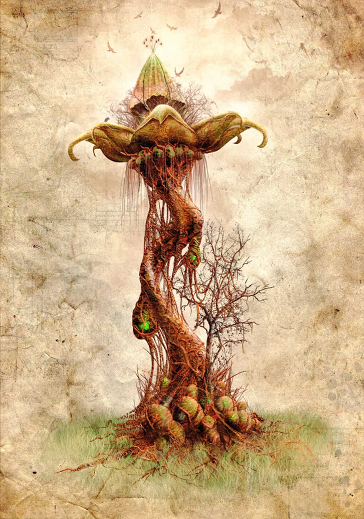 Illustration d’après le livre de H.G. Wells « La guerre des mondes » : la plante rouge