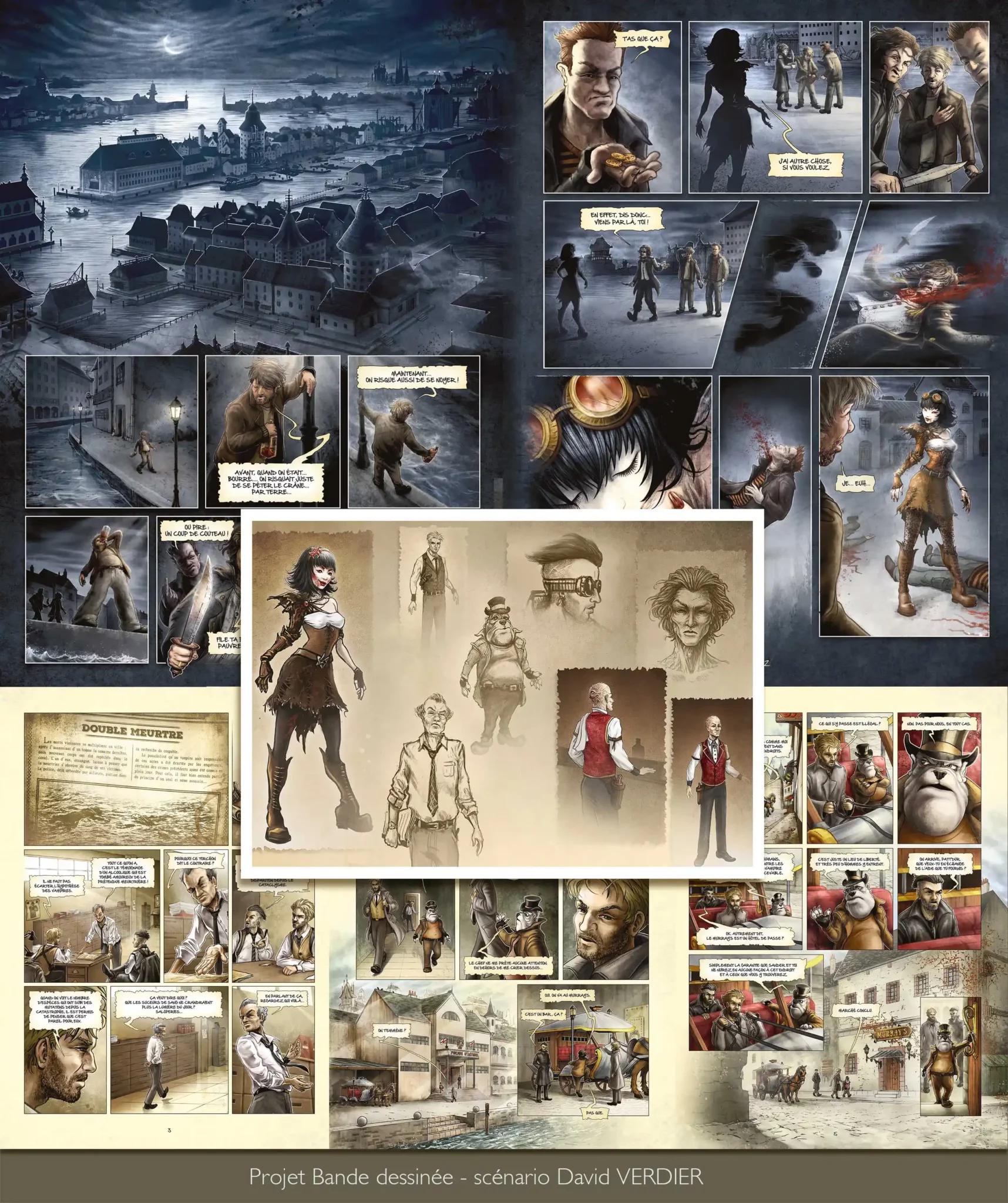 Réalisation d'illustrations et planches pour un projet de bande dessinée, avec un scénario de David Verdier.