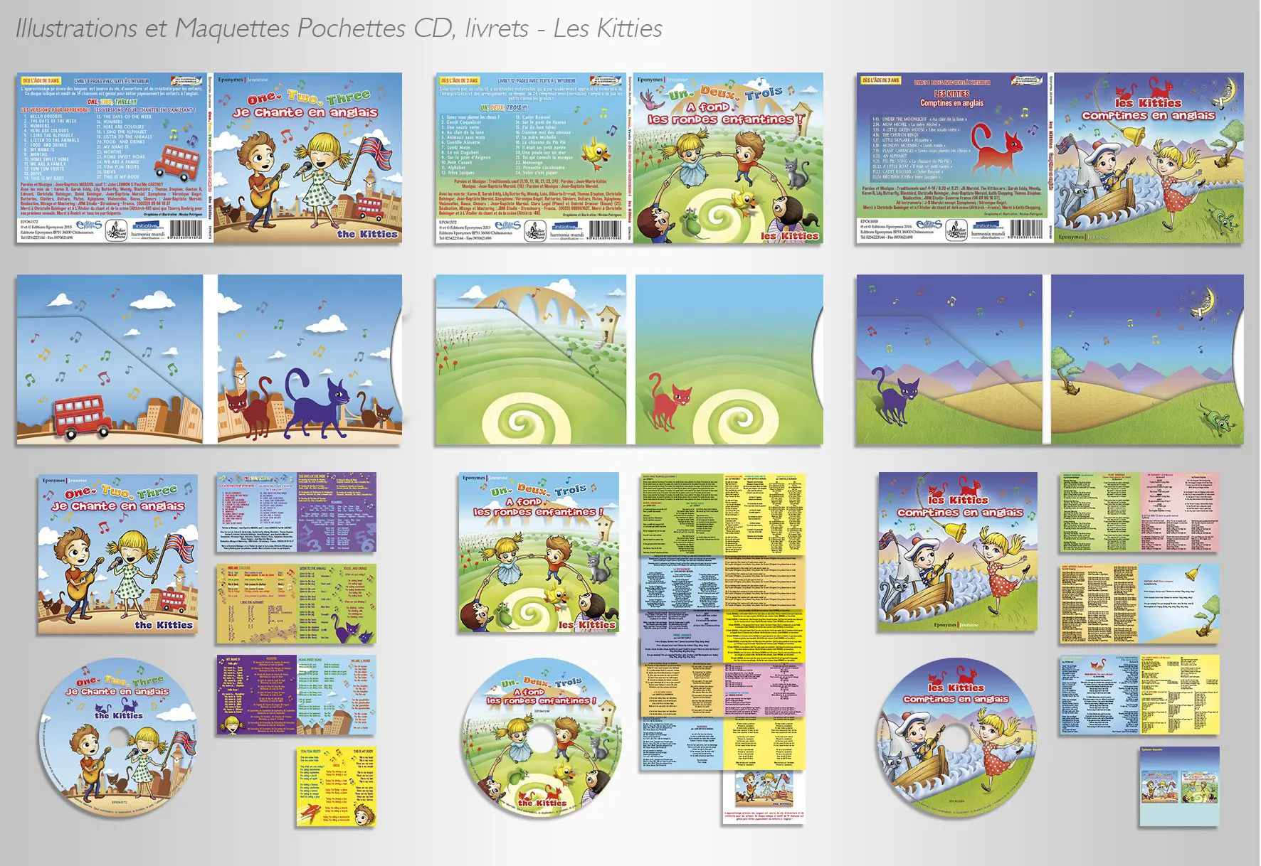 Conception d'illustrations et de maquettes graphiques pour des CD jeunesse, sur des formats digisleeve (pochettes carton).
