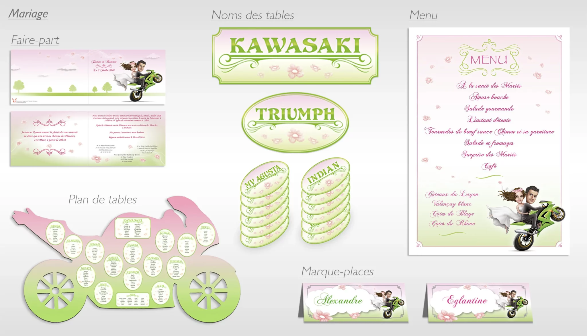 Ensemble de créations graphiques sur mesure pour un mariage : Faire-part, Plan de table, noms des tables, marque-places, menu.