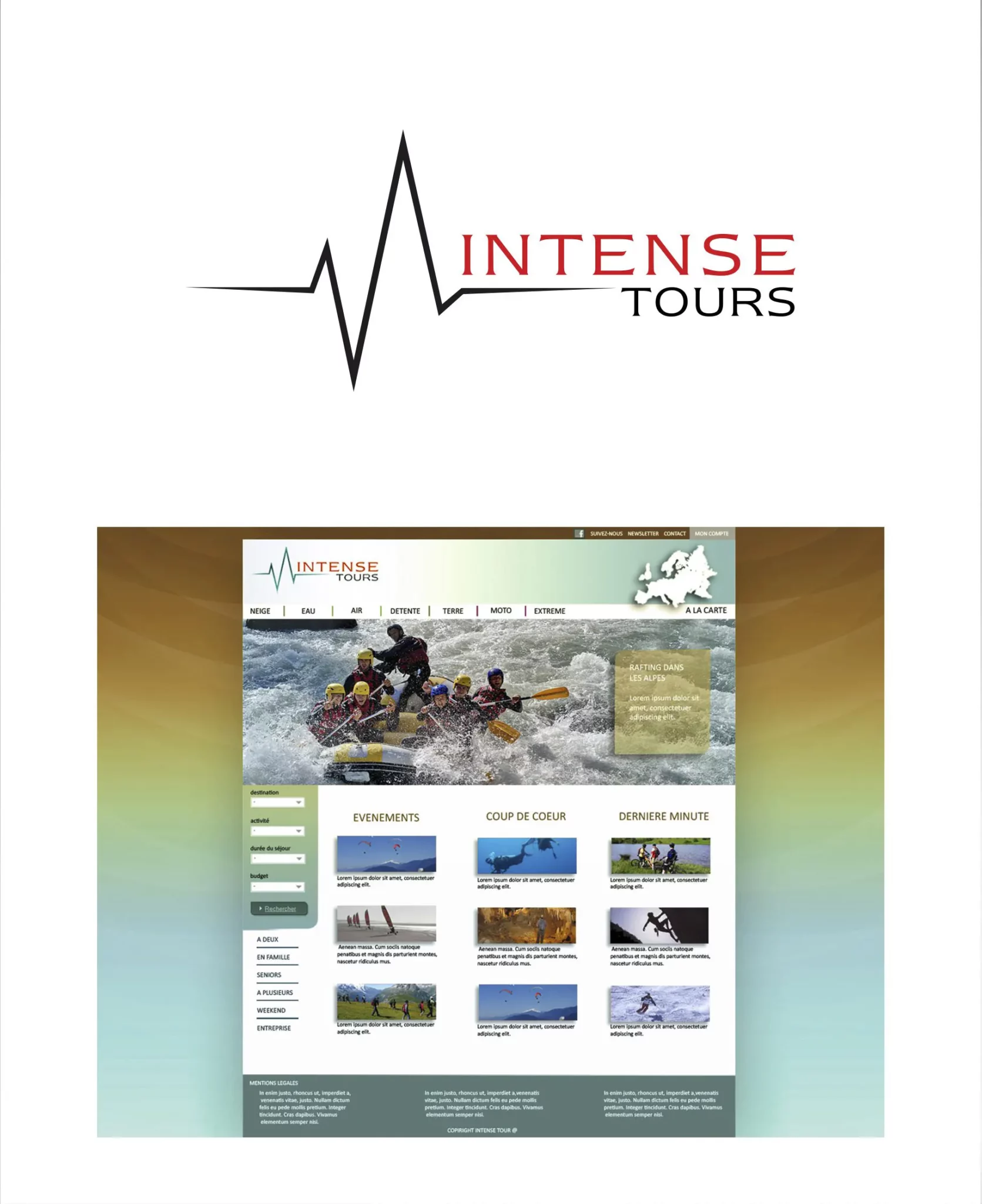 Conception du logo et d'une maquette visuelle de site web pour une agence de voyage dédiée aux séjours sportifs.