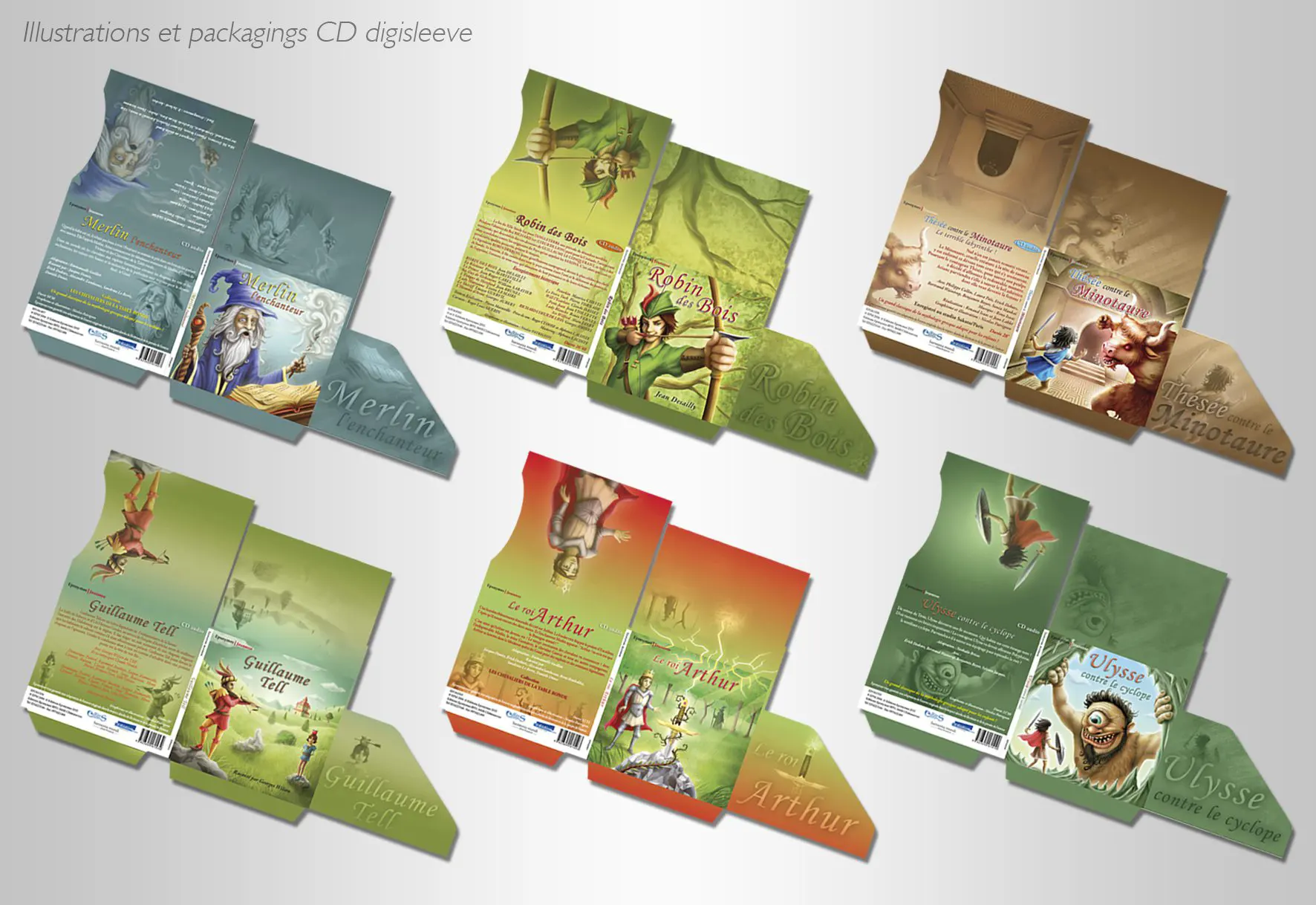 Conception d'illustrations et de maquettes graphiques pour des CD jeunesse, sur des formats digisleeve (pochettes carton).