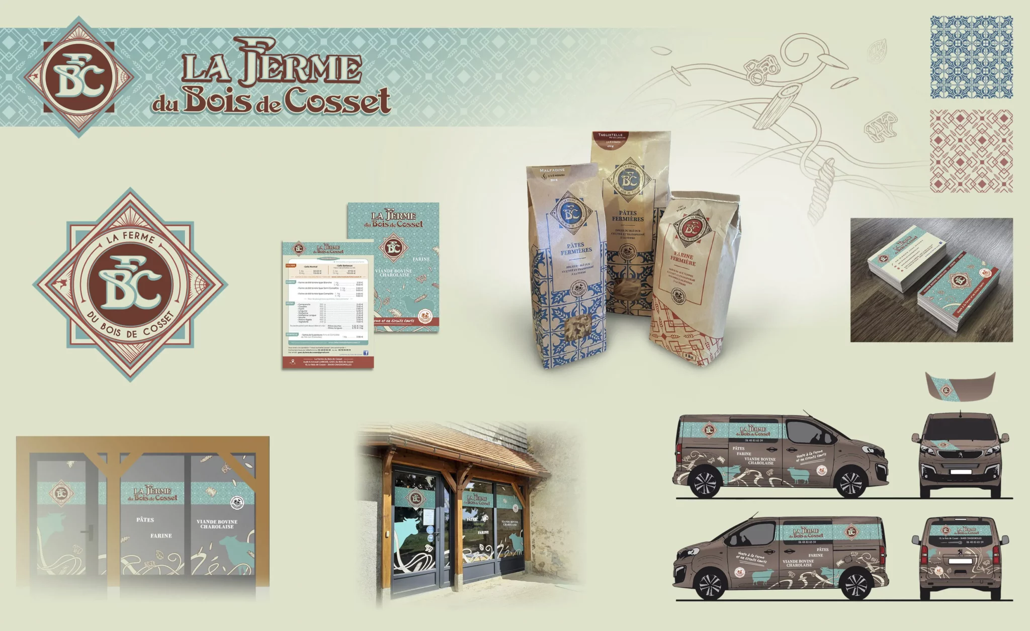Conception de l'identité visuelle pour La Ferme du Bois de Cosset, incluant packaging, habillage véhicule, décor vitrine et flyers.