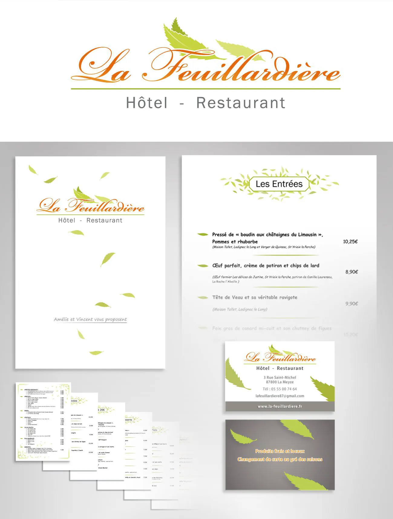 Conception du logo, des cartes de visite et du menu pour l'hôtel restaurant La Feuillardière à La Meyze - 87800.