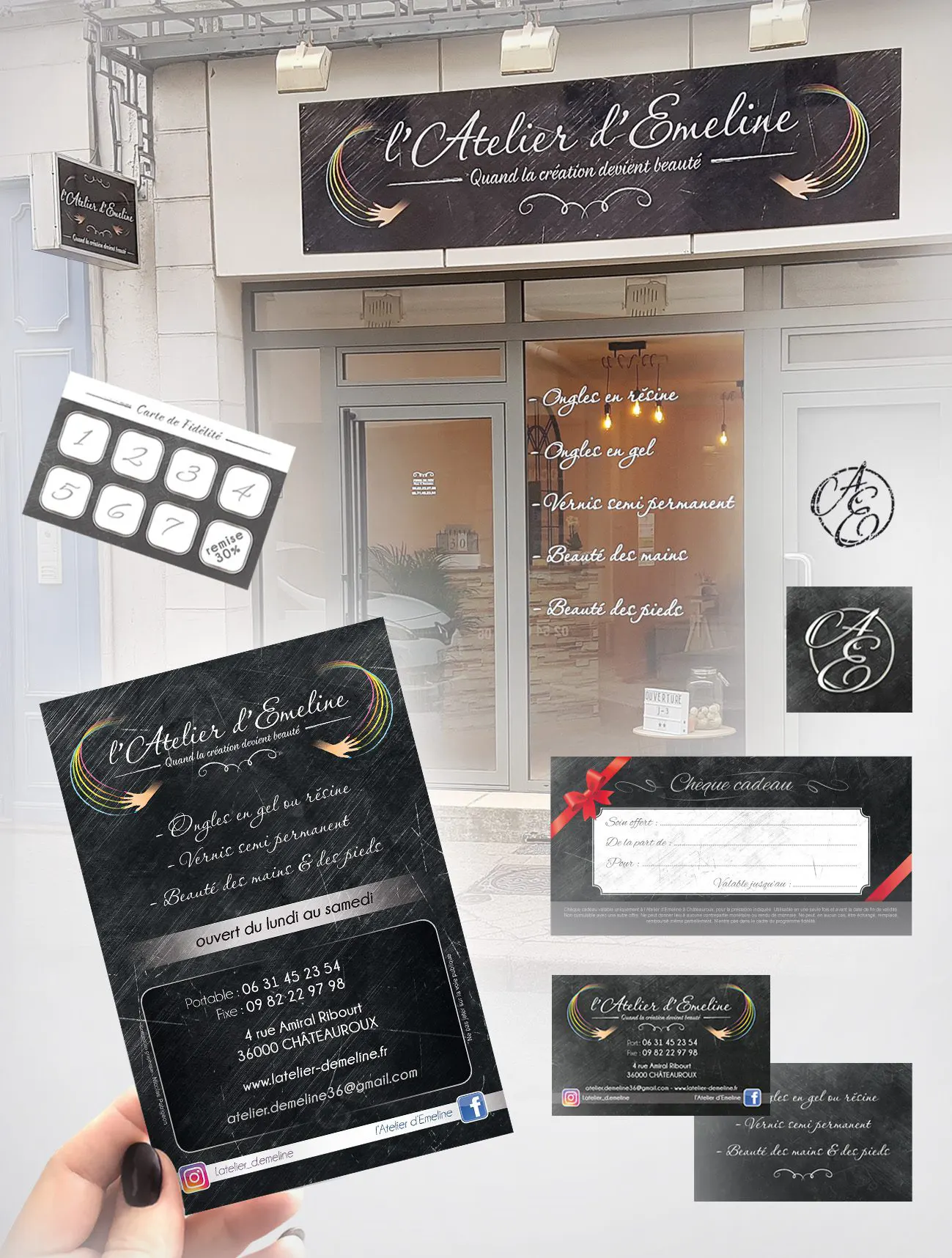 Conception de l'ensemble des éléments visuels pour un Salon de manucure. Logo, panneaux d'enseigne, marquages vitrine, carte de visite, carte cadeau, carte de fidélité, tampon.