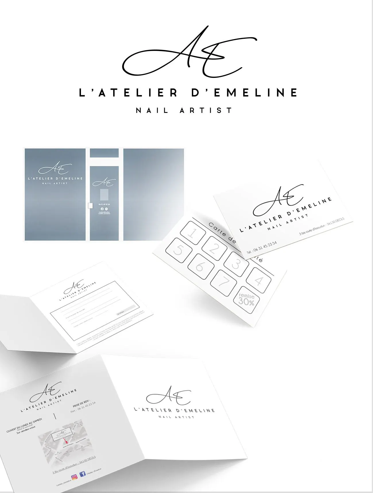 Refonte complète de l'identité visuelle pour l'Atelier D'Emeline, en lien avec son installation dans de nouveaux locaux.