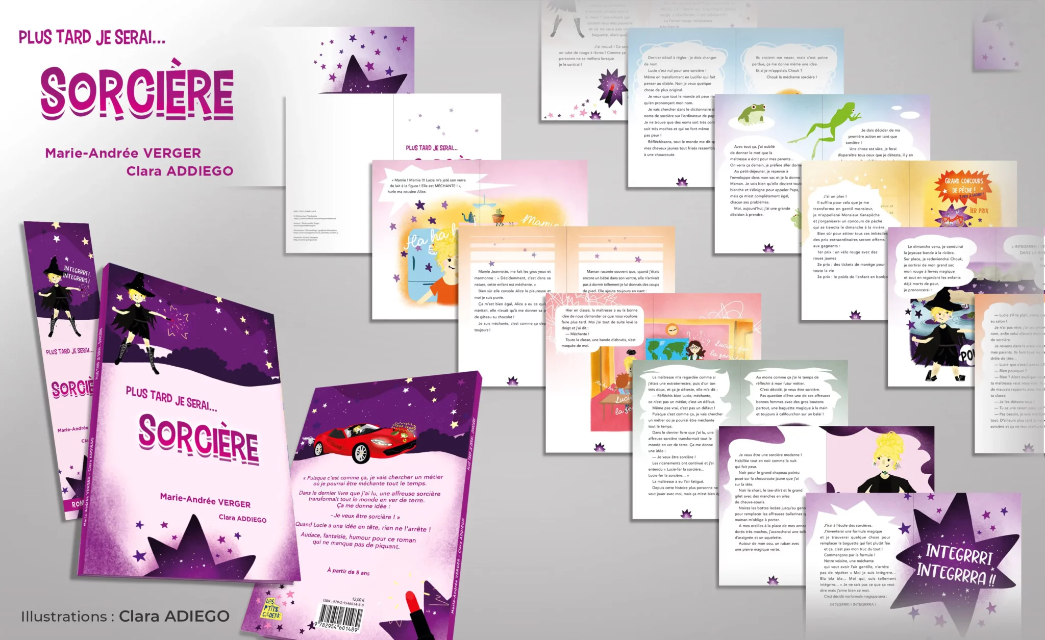 Réalisation de la maquette du livre jeunesse Plus tard je serai... SORCIÈRE, avec le texte de Marie-Andrée VERGER et les illustrations de Clara ADDIEGO.