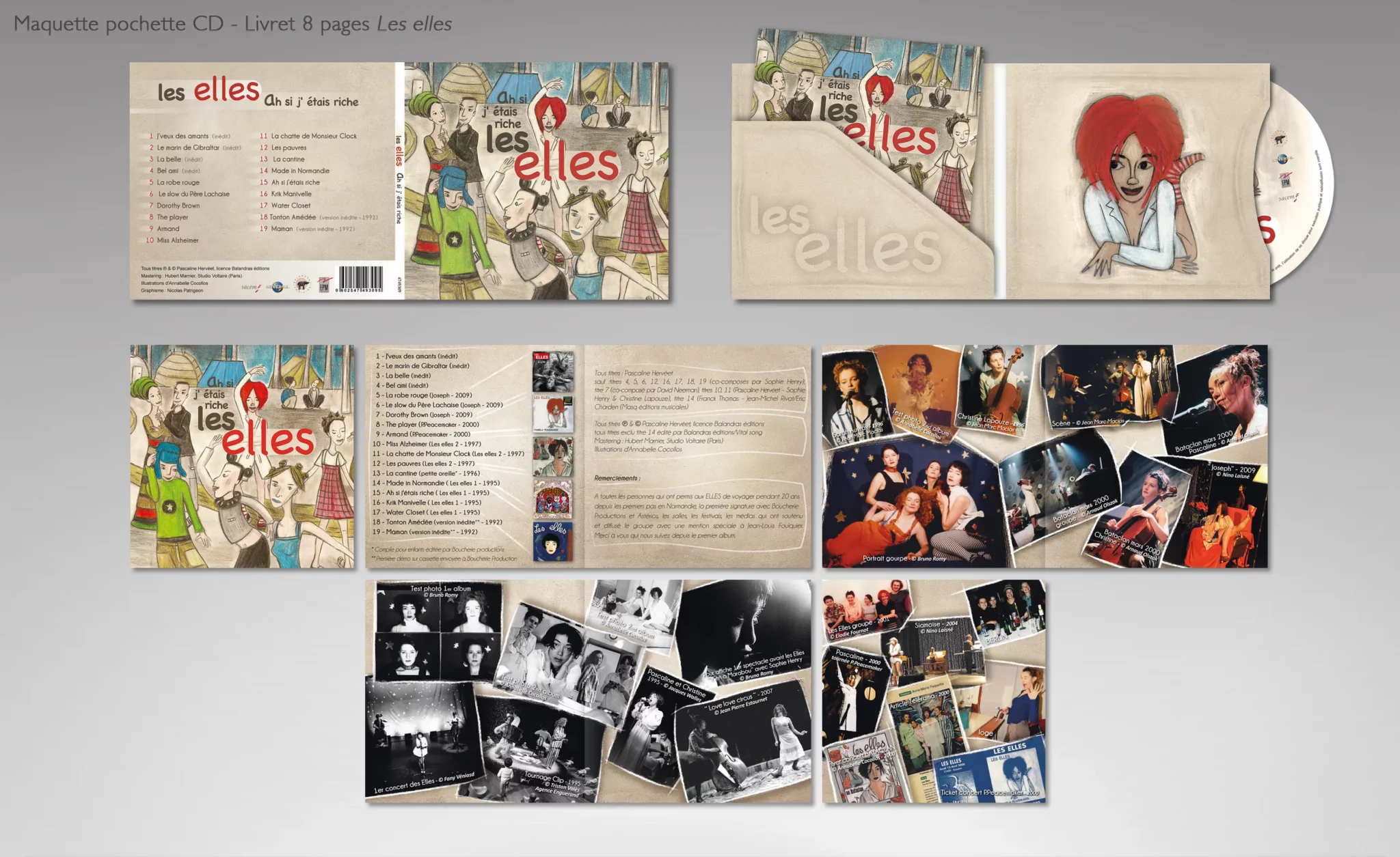 Maquette graphique du CD Les Elles, avec livret, sur un format digisleeve (pochettes carton).