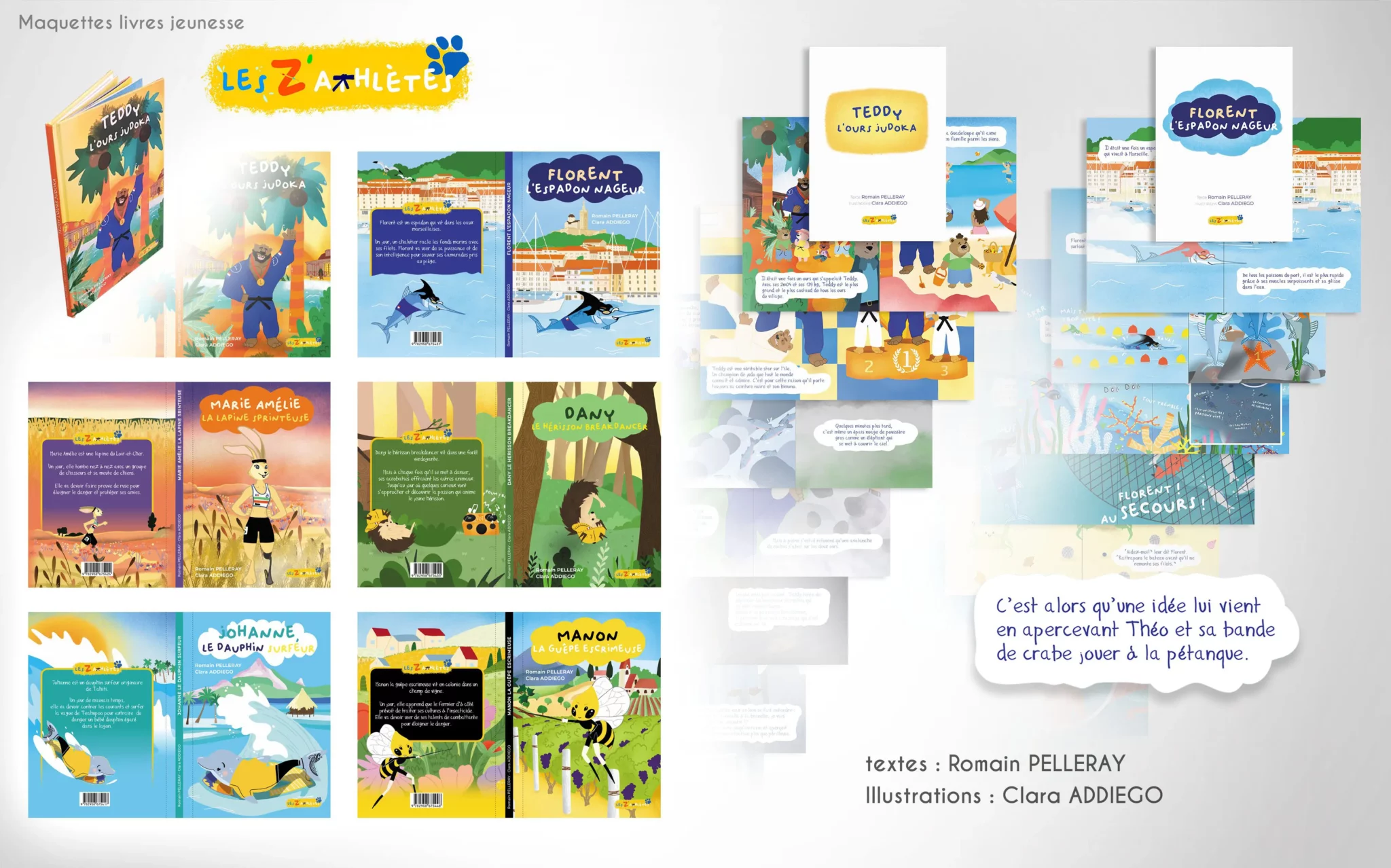 Maquettes réalisées pour les livres " Les Z'Athlètes ". Collection de livres jeunesses illustrés qui parlent de sport et d'olympisme avec un regard d'enfant.