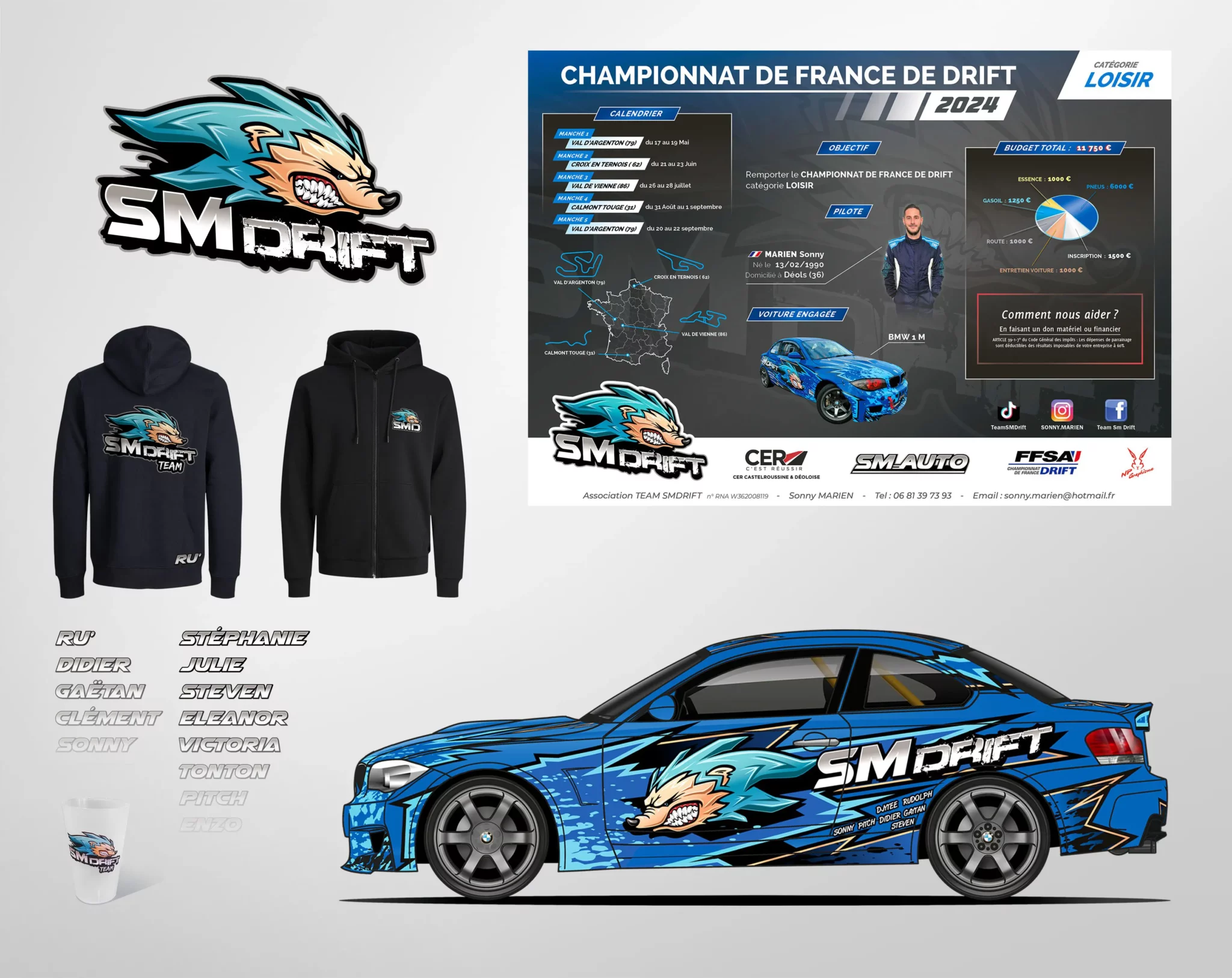 Conception de l'ensemble des éléments graphiques pour le pilote de drift Sonny MARIEN du team SMDRIFT, engagé au Championnat de France de Drift FFSA, incluant logos, visuels; supports de communication et habillage véhicule..