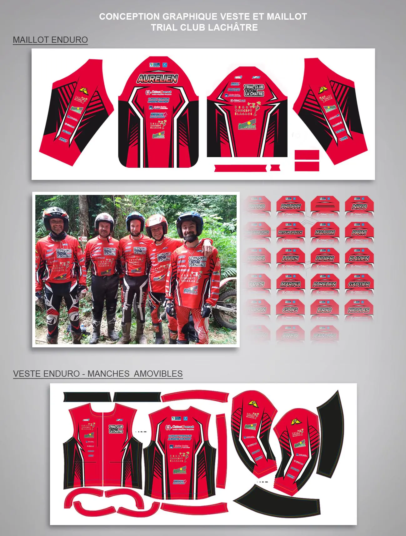 Conception graphique des maillots et d'une veste pour le Trial Club La Châtre, avec un design personnalisé reflétant l'identité du club.