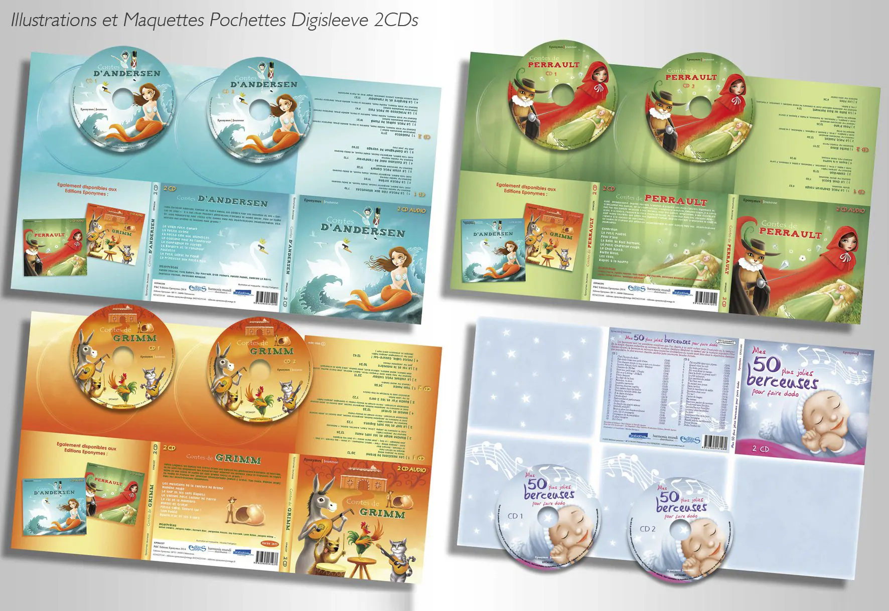 Conception d'illustrations et de maquettes graphiques pour des CD jeunesse, sur des formats digisleeve (pochettes carton).