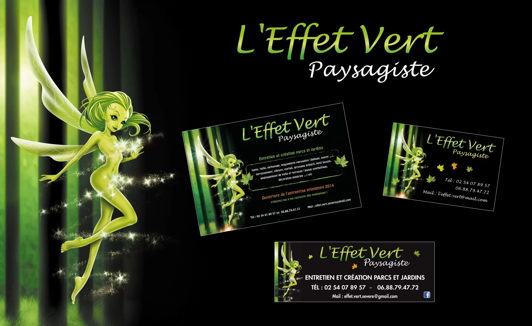 Conception du logo illustré et visuels de communication pour le paysagiste L'EFFET VERT.