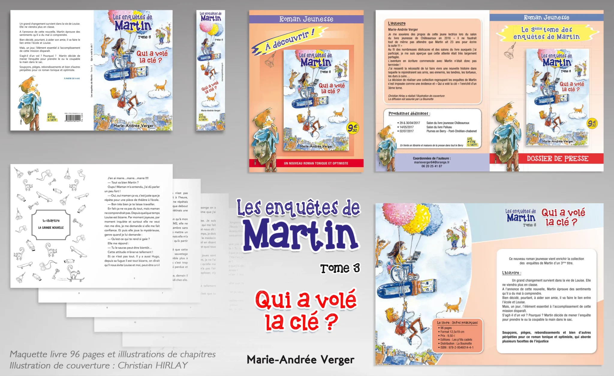 Maquette du livre Les enquêtes de Martin - Tome 3, avec illustrations réalisées pour les pages de chapitres et conception graphique des éléments de communication autour du livre.
