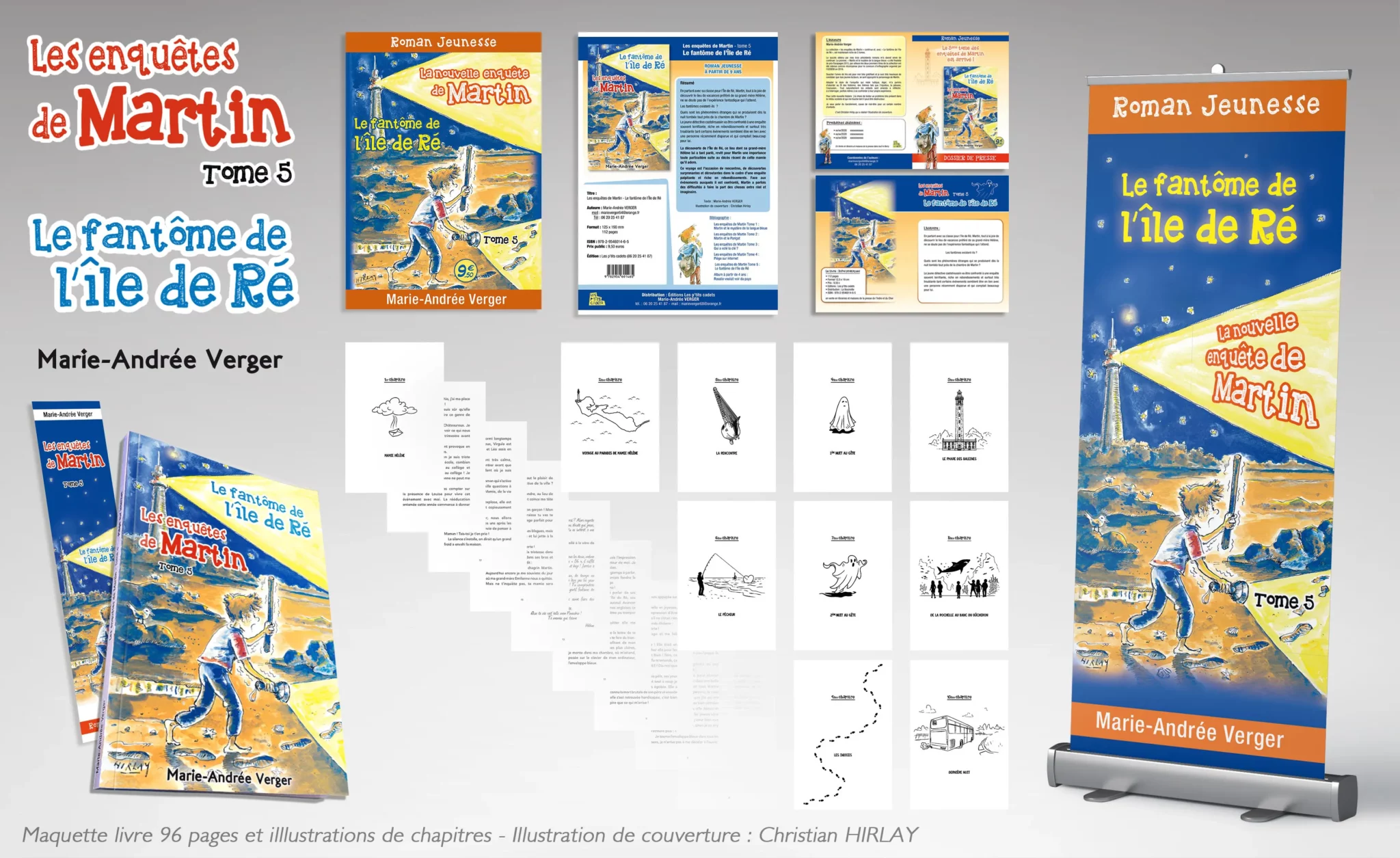 Maquette du livre Les enquêtes de Martin - Tome 5, avec illustrations réalisées pour les pages de chapitres et conception graphique des éléments de communication autour du livre.
