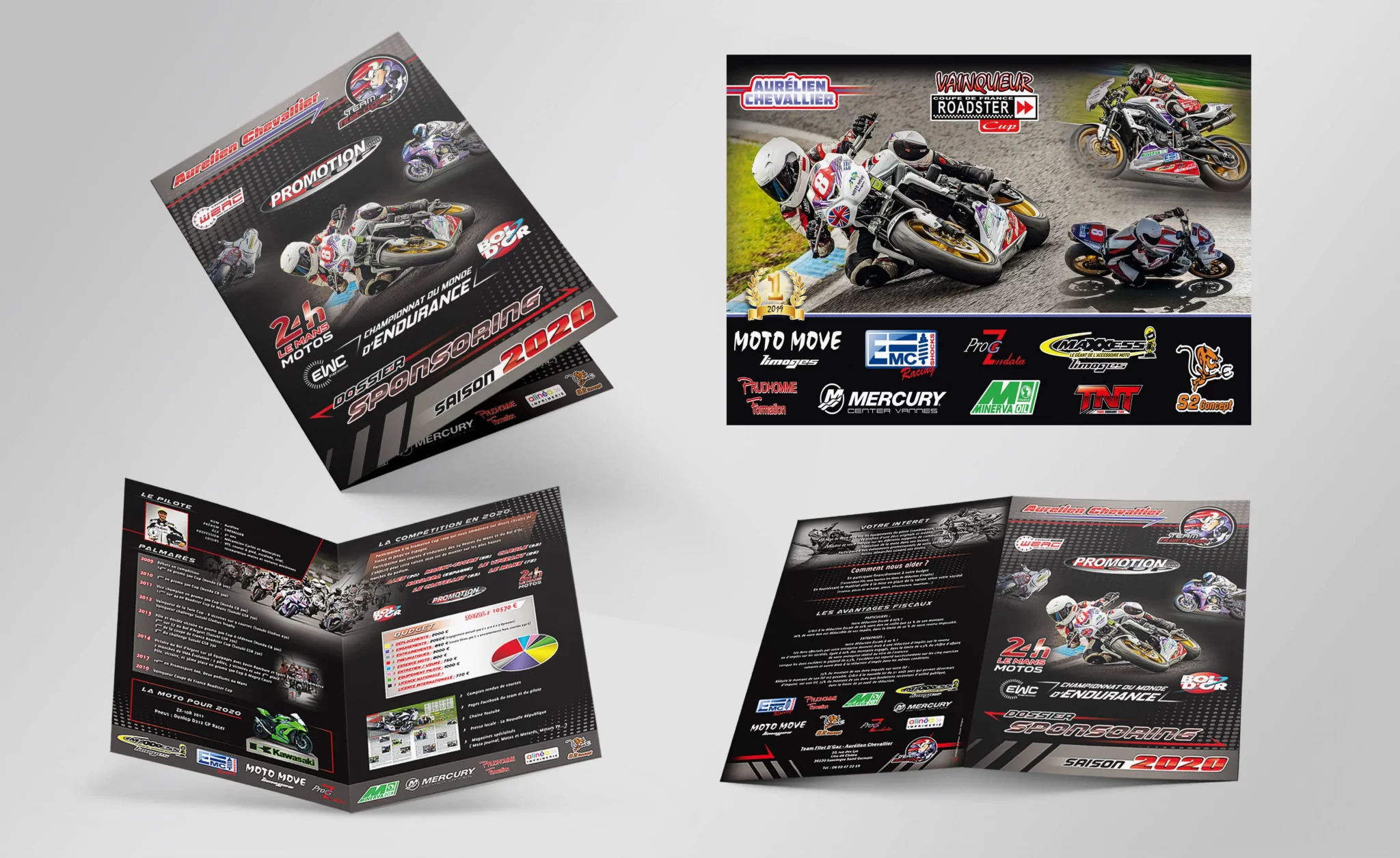 Conception graphique d'un dossier de sponsoring pour le pilote moto Aurélien CHEVALIER, présentant un design professionnel et attractif pour les sponsors potentiels.