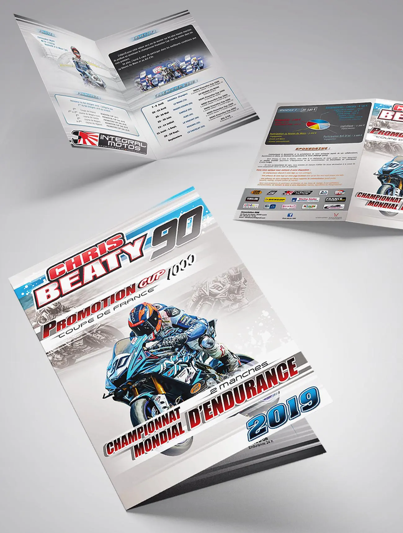 Conception graphique d'un dossier de sponsoring pour le pilote moto Chris BEATY, présentant un design professionnel et attractif pour les sponsors potentiels.