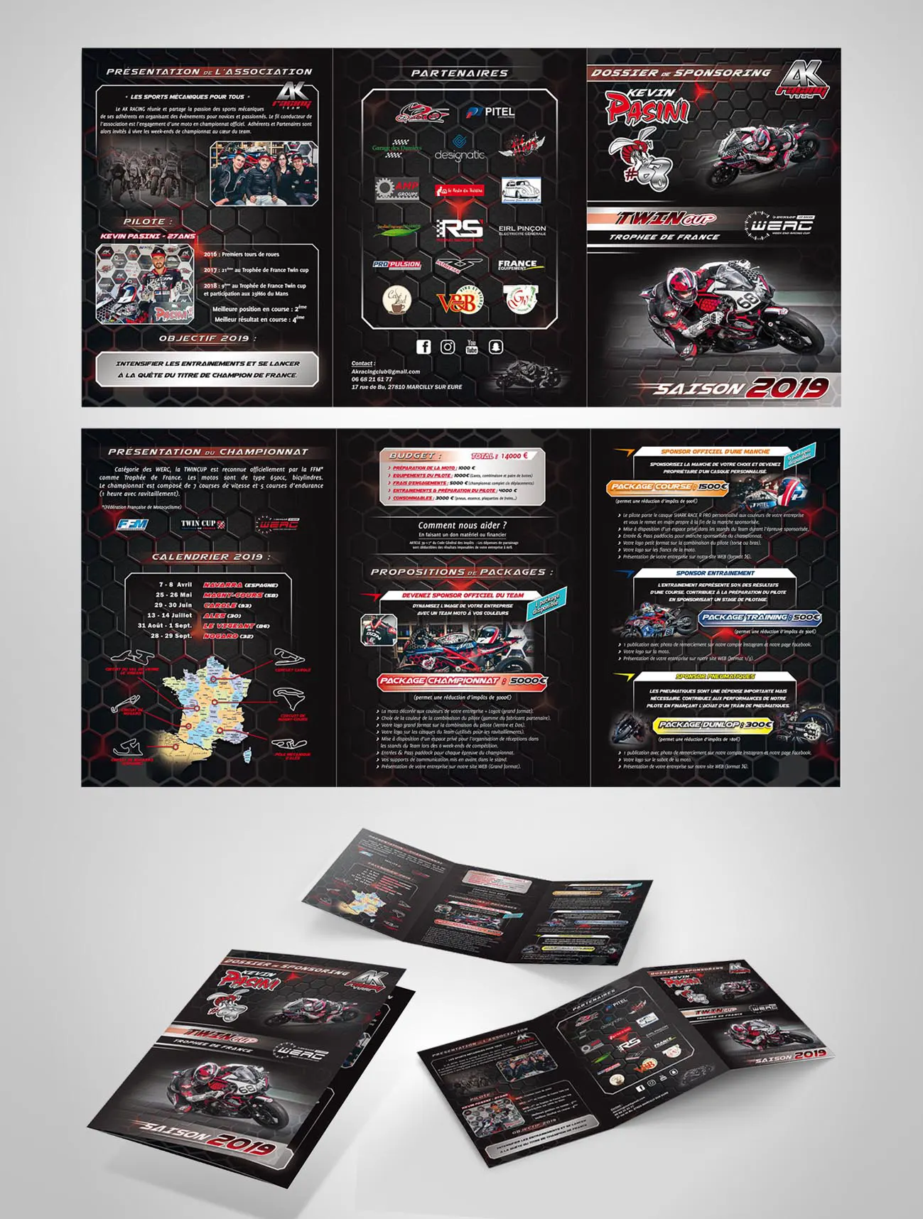 Conception graphique d'un dossier de sponsoring pour le pilote moto Kevin PASINI, présentant un design professionnel et attractif pour les sponsors potentiels.
