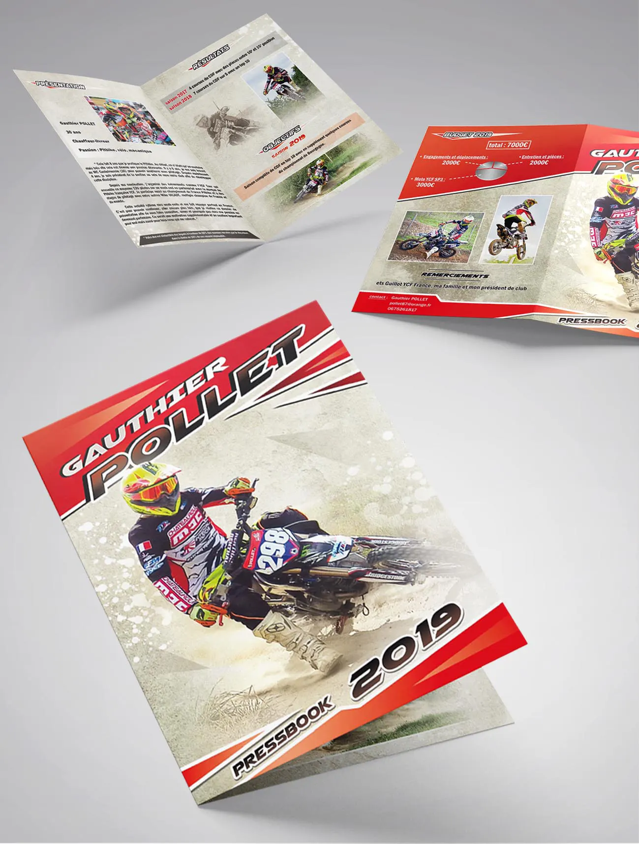 Conception graphique d'un dossier de sponsoring pour le pilote moto Gauthier POLLET, présentant un design professionnel et attractif pour les sponsors potentiels.